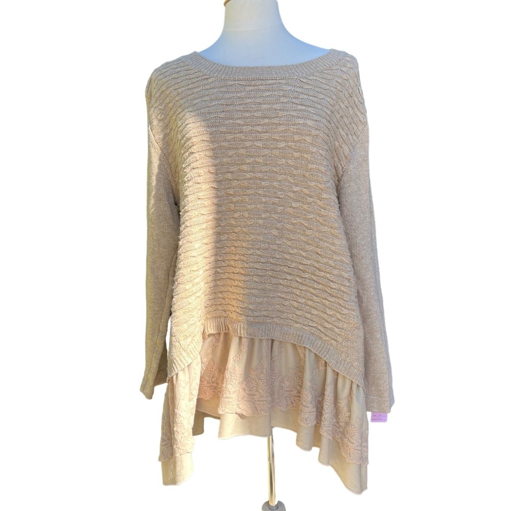 Womens Beige Layered‎ Knit Sweater Lace Ruffle Peplum Trim XL Cottagecore